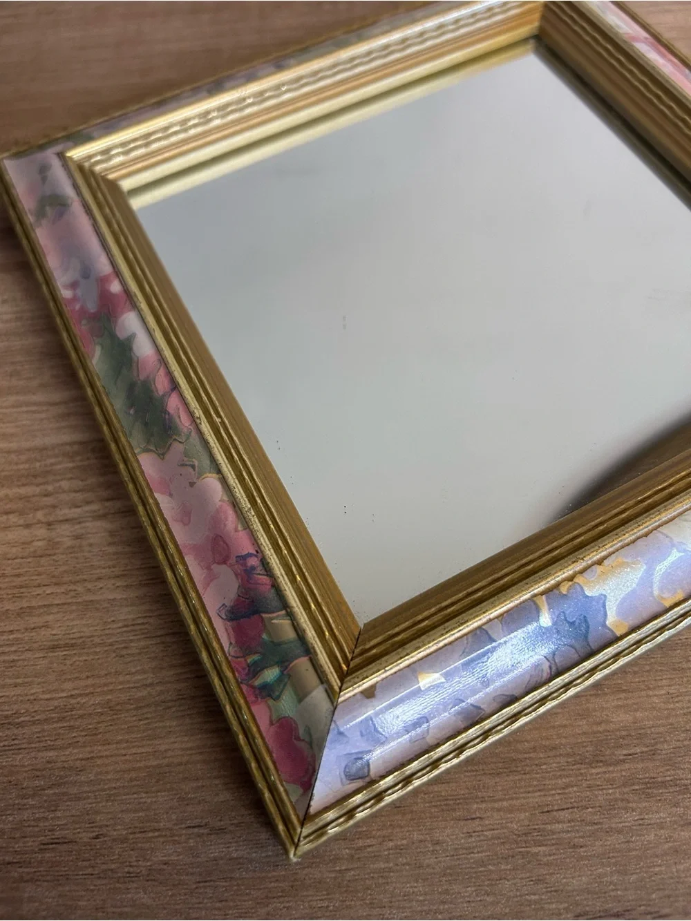 Square Gold Wall Mirror with Pastel Floral Frame